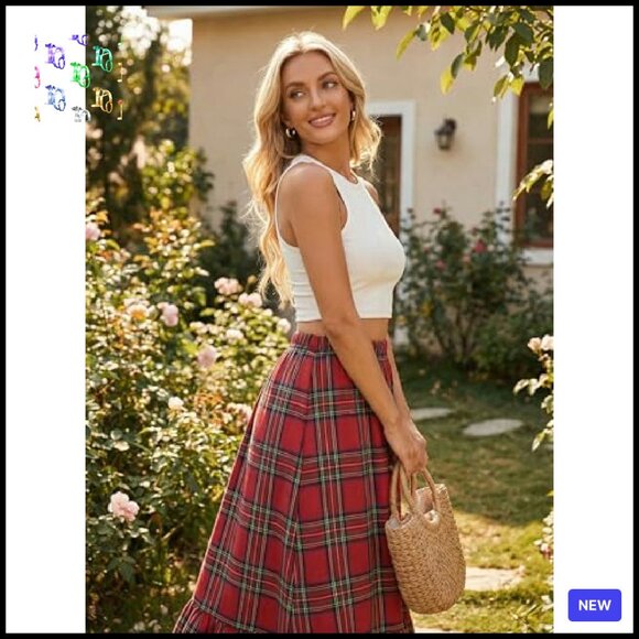 Plaid Ruffled Maxi Skirt High-Rise Waist Elegant A-Line Holiday Party Wear - Picture 3 of 8